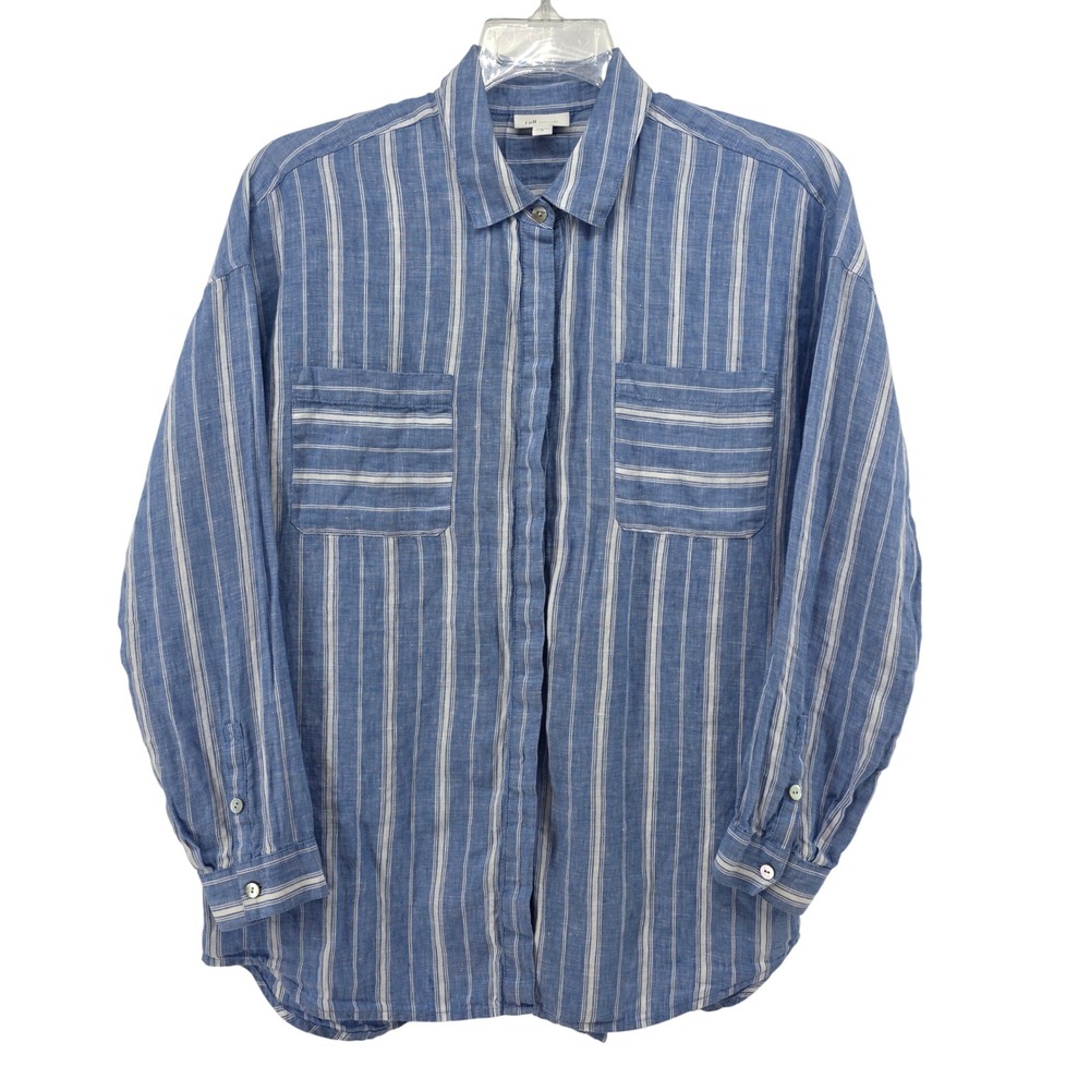 J. Jill Love Linen Blue White Striped Button Up Shirt Womens Medium Linen